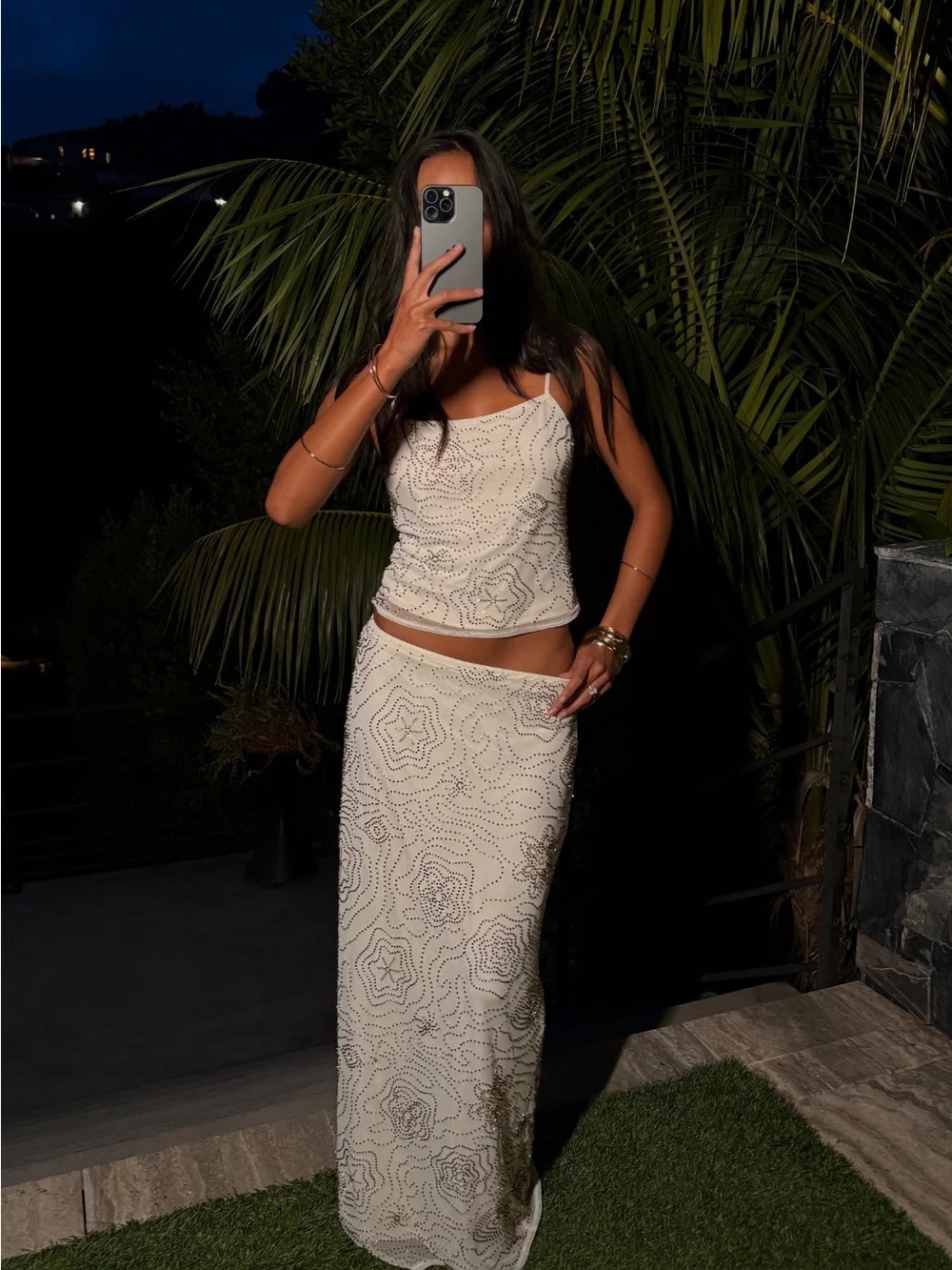 12th tribe Julia white beaded maxi skirt (L) with Lucí white beaded tank top (M)